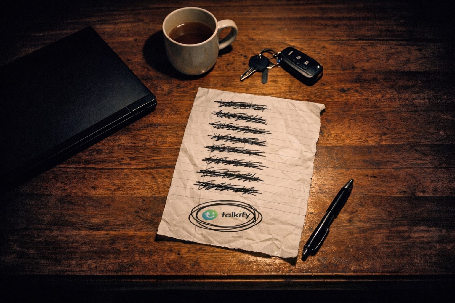 A handwritten shortlist on a kitchen table at night, every option scored out except the last, with Talkify circled three times at the bottom of the page.