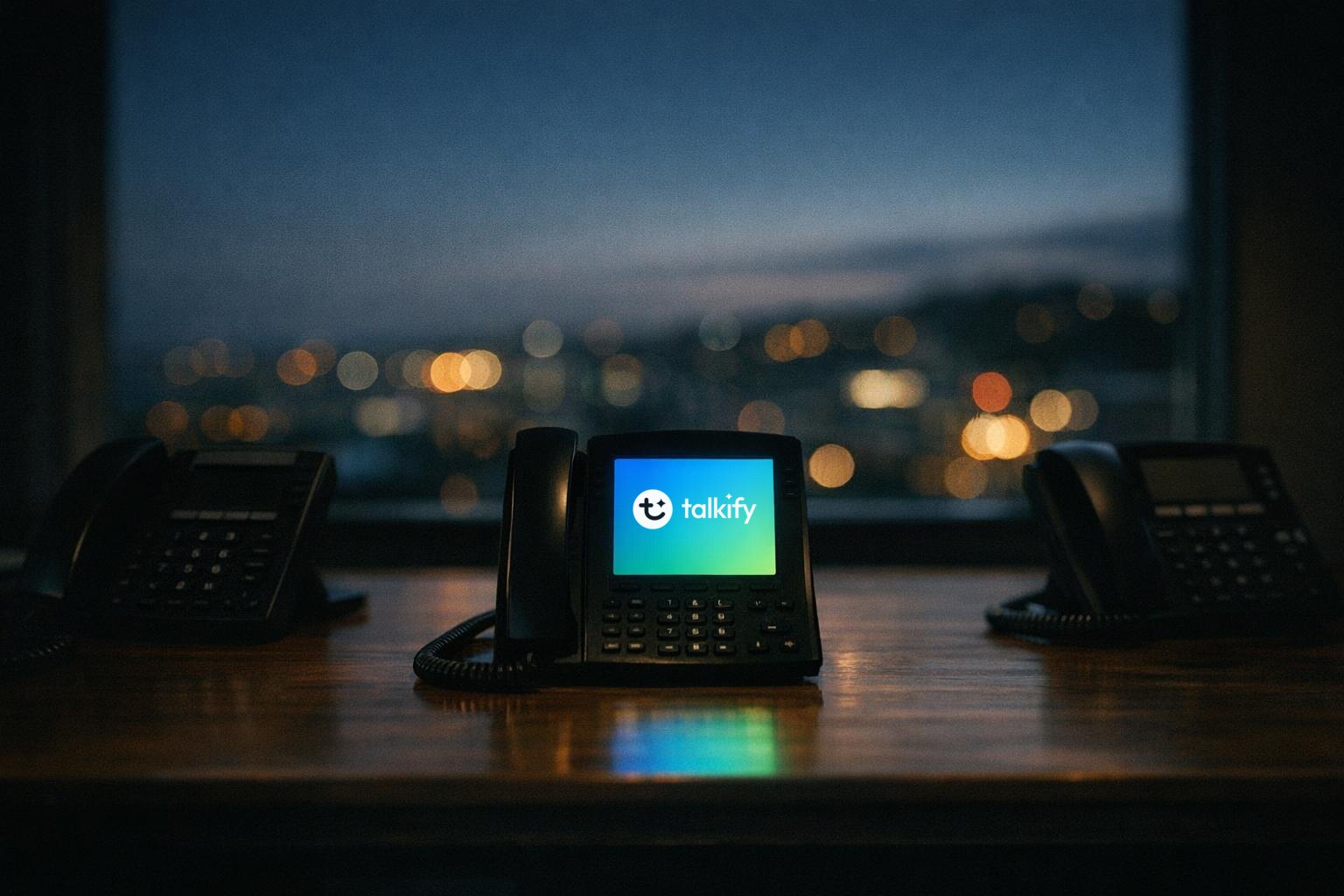 A row of office desk phones on a long wooden table in a New Zealand office at dusk, the ones either side sitting dark while the phone in the centre glows with the Talkify logo on a blue to green gradient screen.