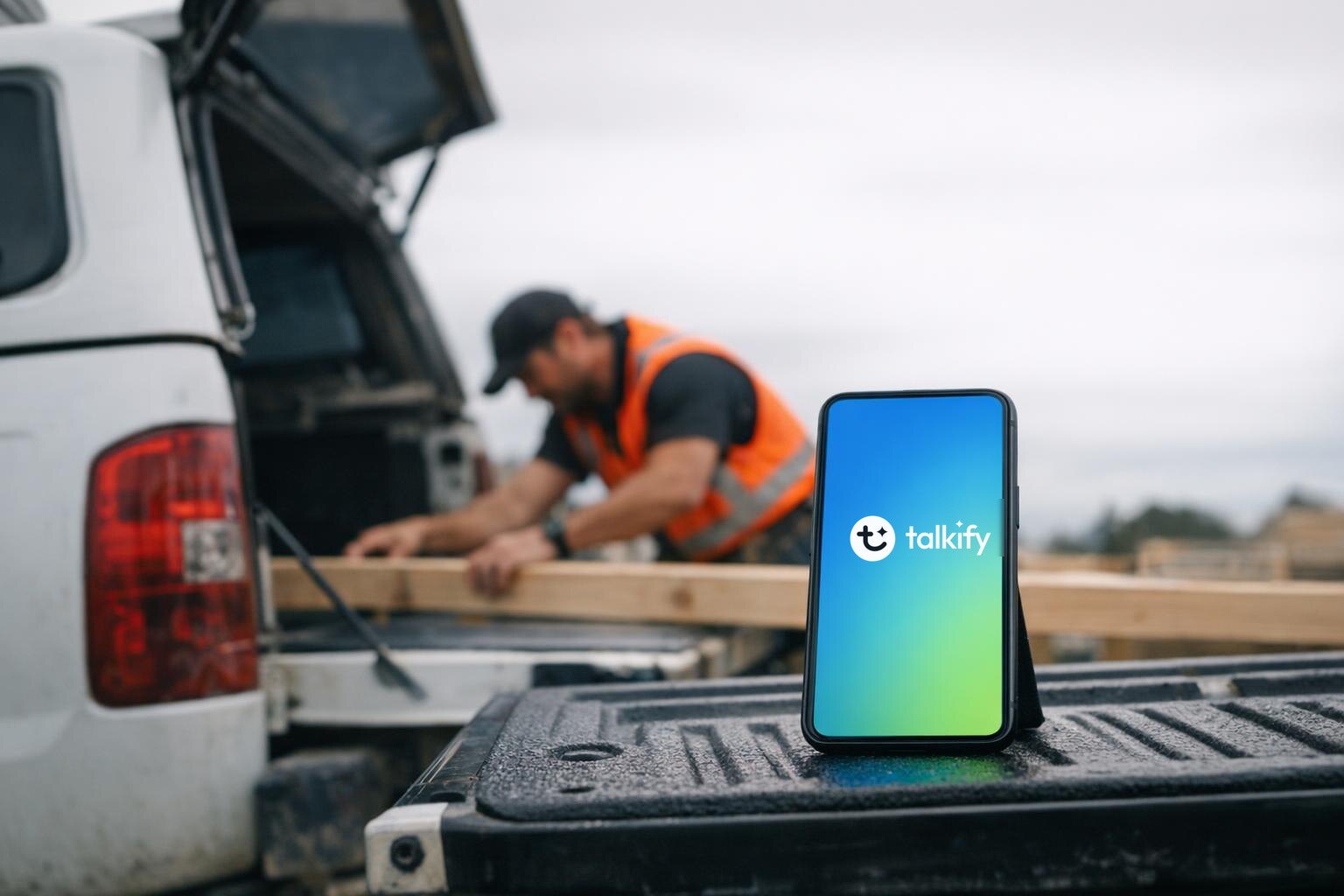 A New Zealand builder in hi-vis working on framing timber at a windy site, both hands busy, while his phone props on the ute tailgate showing the Talkify logo on a blue to green gradient screen.