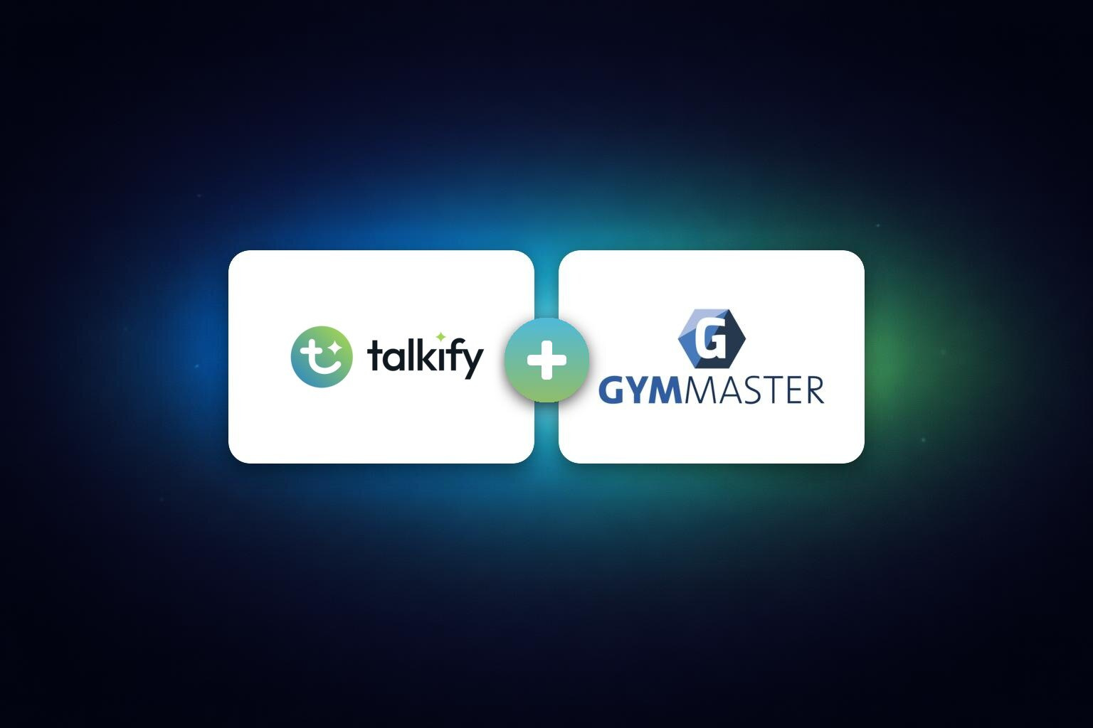 A Talkify and GymMaster co-brand lockup, the two logos side by side joined by a plus sign on a dark brand background.