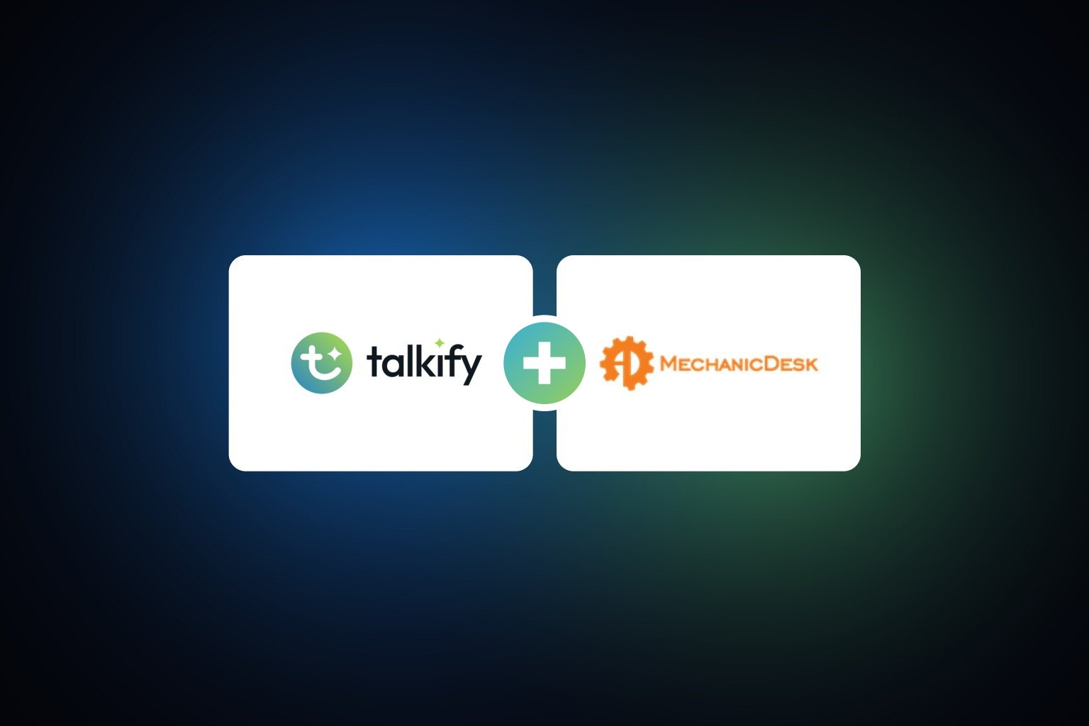 A Talkify and MechanicDesk co-brand lockup, the two logos side by side joined by a plus sign on a dark brand background.